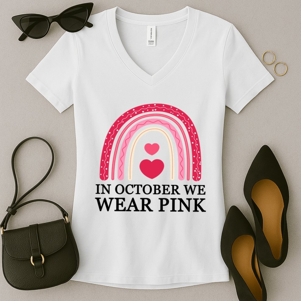 In October We Wear Pink Breast Cancer Rainbow Women's V-Neck T-Shirt