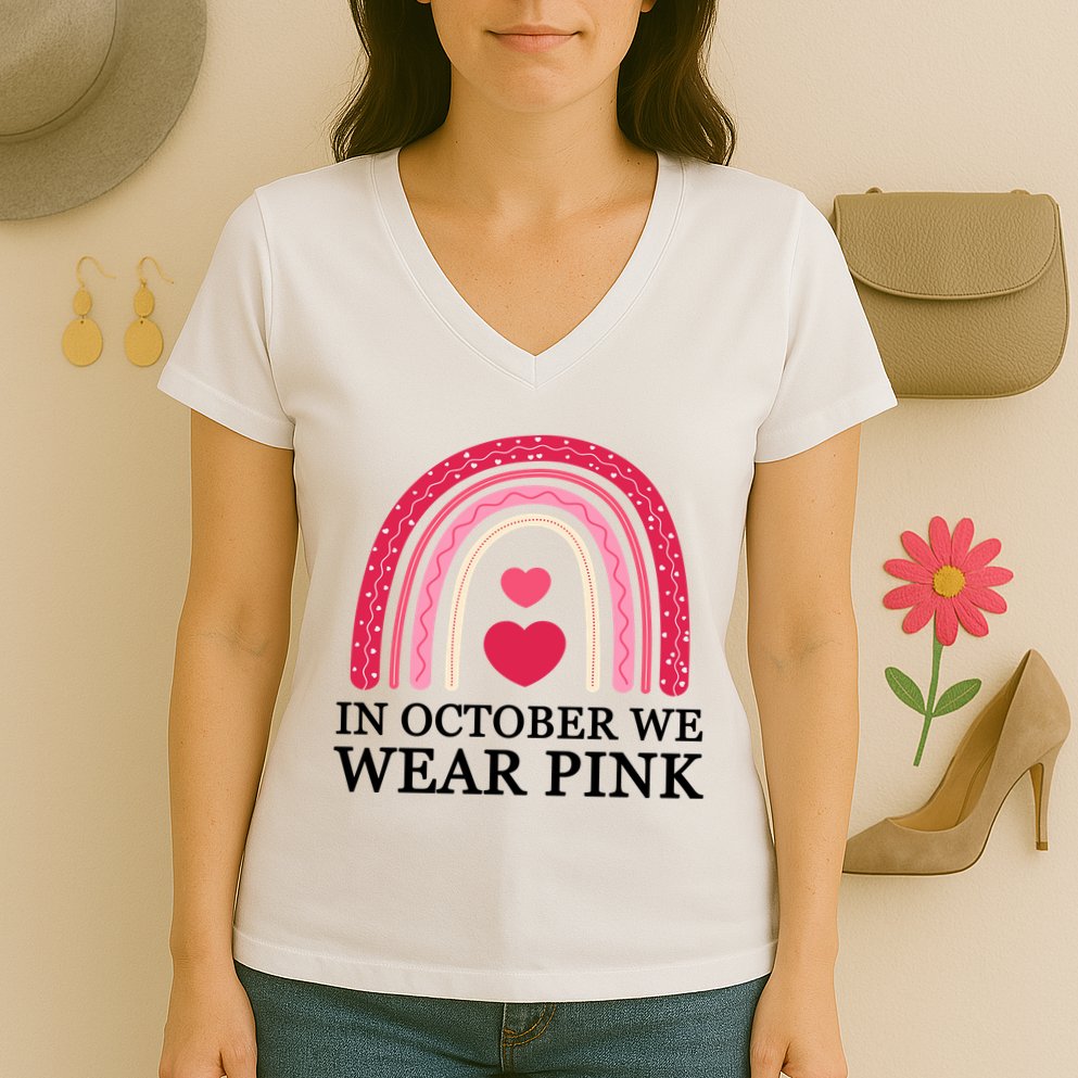 In October We Wear Pink Breast Cancer Rainbow Women's V-Neck T-Shirt