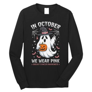 In October We Wear Pin.K Ghost Witch Breast Cancer Awareness Long Sleeve Shirt