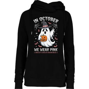 In October We Wear Pin.K Ghost Witch Breast Cancer Awareness Womens Funnel Neck Pullover Hood