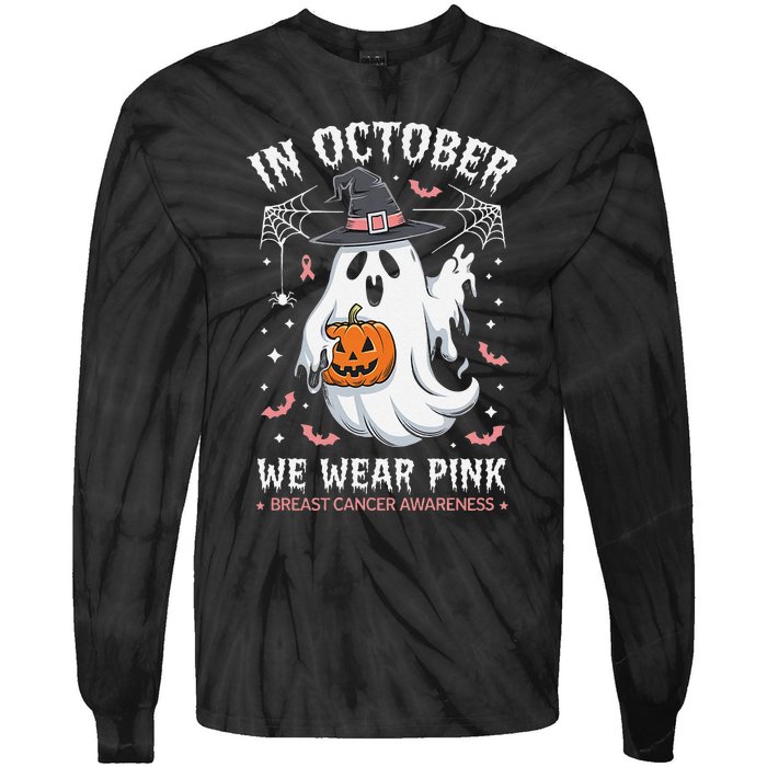 In October We Wear Pin.K Ghost Witch Breast Cancer Awareness Tie-Dye Long Sleeve Shirt