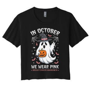 In October We Wear Pin.K Ghost Witch Breast Cancer Awareness Women's Crop Top Tee