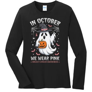 In October We Wear Pin.K Ghost Witch Breast Cancer Awareness Ladies Long Sleeve Shirt