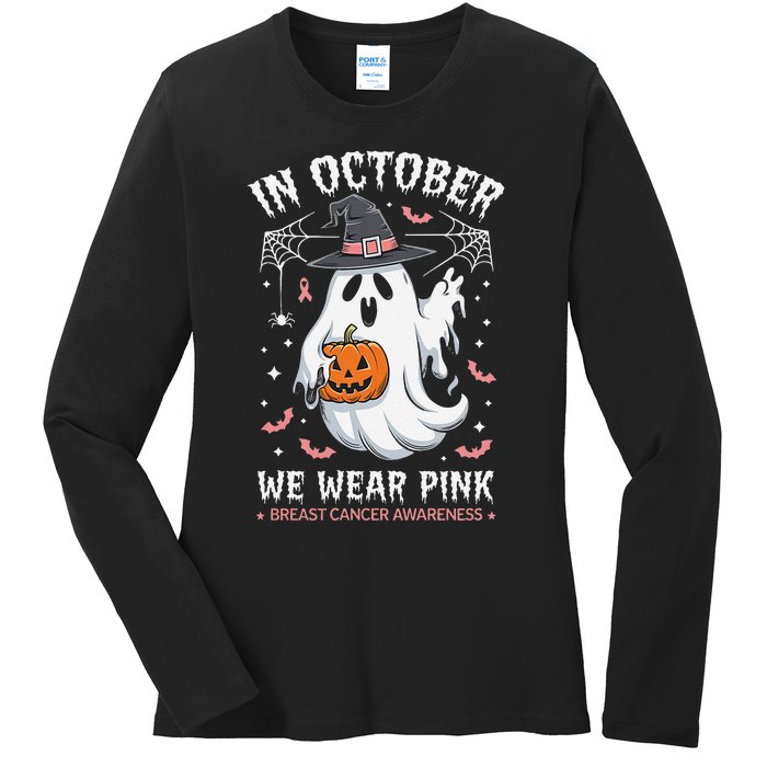 In October We Wear Pin.K Ghost Witch Breast Cancer Awareness Ladies Long Sleeve Shirt