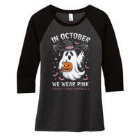 In October We Wear Pin.K Ghost Witch Breast Cancer Awareness Women's Tri-Blend 3/4-Sleeve Raglan Shirt