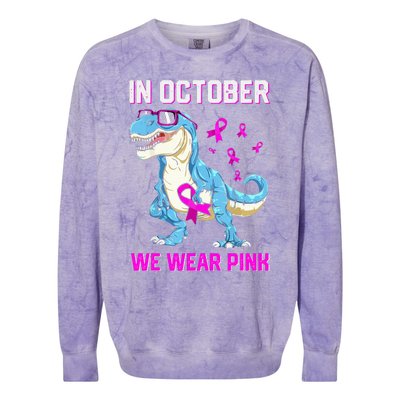 In October We Wear Pink Breast Cancer Trex Dino Colorblast Crewneck Sweatshirt