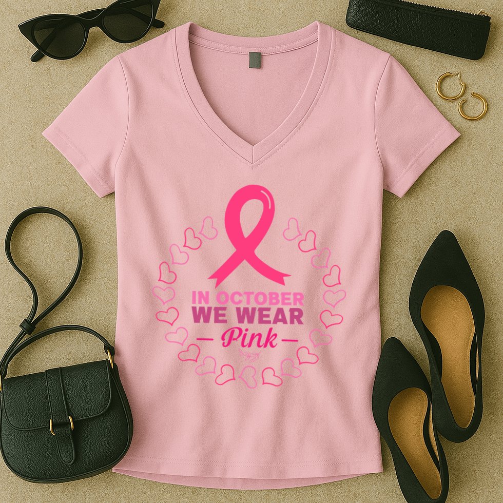 In October We Wear Pink Breast Cancer Awareness Cancer Survivor Women's V-Neck T-Shirt