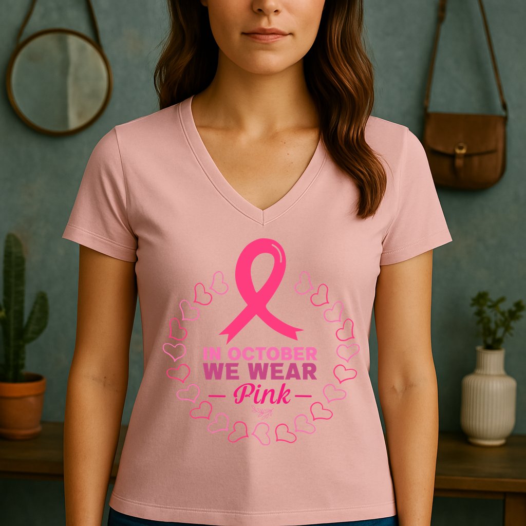 In October We Wear Pink Breast Cancer Awareness Cancer Survivor Women's V-Neck T-Shirt