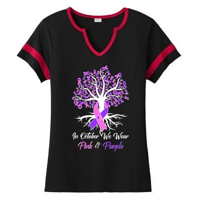 In October We Wear Pink And Purple Domestic Violence Breast Cancer Awareness Ladies Halftime Notch Neck Tee