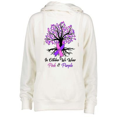 In October We Wear Pink And Purple Domestic Violence Breast Cancer Awareness Womens Funnel Neck Pullover Hood