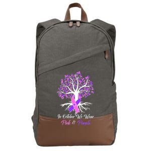 In October We Wear Pink And Purple Domestic Violence Breast Cancer Awareness Cotton Canvas Backpack