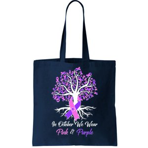 In October We Wear Pink And Purple Domestic Violence Breast Cancer Awareness Tote Bag