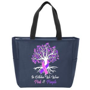 In October We Wear Pink And Purple Domestic Violence Breast Cancer Awareness Zip Tote Bag