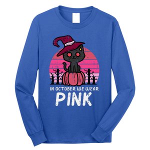 In October We Wear Pumpkin Cat Breast Cancer Awareness Long Sleeve Shirt