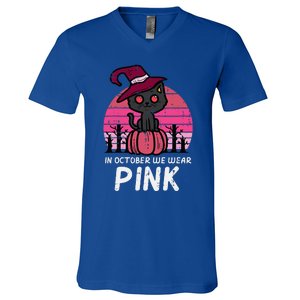 In October We Wear Pumpkin Cat Breast Cancer Awareness V-Neck T-Shirt