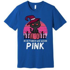 In October We Wear Pumpkin Cat Breast Cancer Awareness Premium T-Shirt