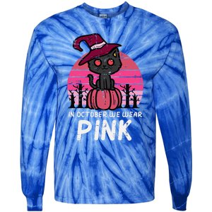 In October We Wear Pumpkin Cat Breast Cancer Awareness Tie-Dye Long Sleeve Shirt