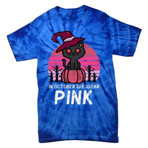 In October We Wear Pumpkin Cat Breast Cancer Awareness Tie-Dye T-Shirt