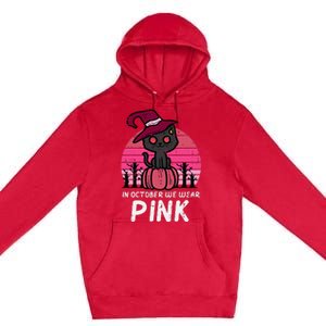 In October We Wear Pumpkin Cat Breast Cancer Awareness Premium Pullover Hoodie