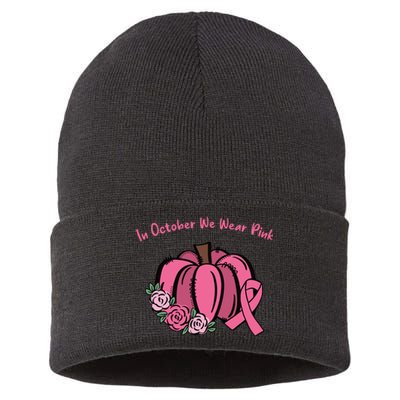 In October We War Pink Autumn Breast Cancer Sustainable Knit Beanie