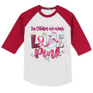 In October We Wear Love Postal Worker Breast Cancer Kids Colorblock Raglan Jersey