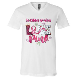 In October We Wear Love Postal Worker Breast Cancer V-Neck T-Shirt