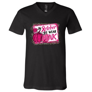 In October We Wear Pink Thanksgiving Breast Cancer Support V-Neck T-Shirt