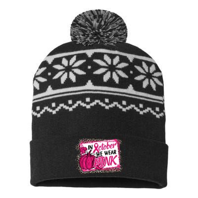 In October We Wear Pink Thanksgiving Breast Cancer Support USA-Made Snowflake Beanie