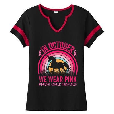 In October We Wear Pink Unicorn Breast Cancer Awareness Ladies Halftime Notch Neck Tee