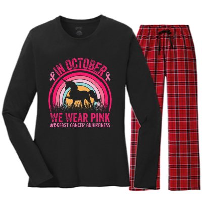 In October We Wear Pink Unicorn Breast Cancer Awareness Women's Long Sleeve Flannel Pajama Set 