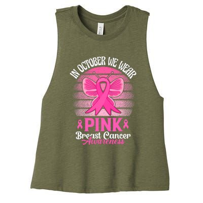 In October We Wear Pink Ribbon Breast Cancer Awareness Women's Racerback Cropped Tank