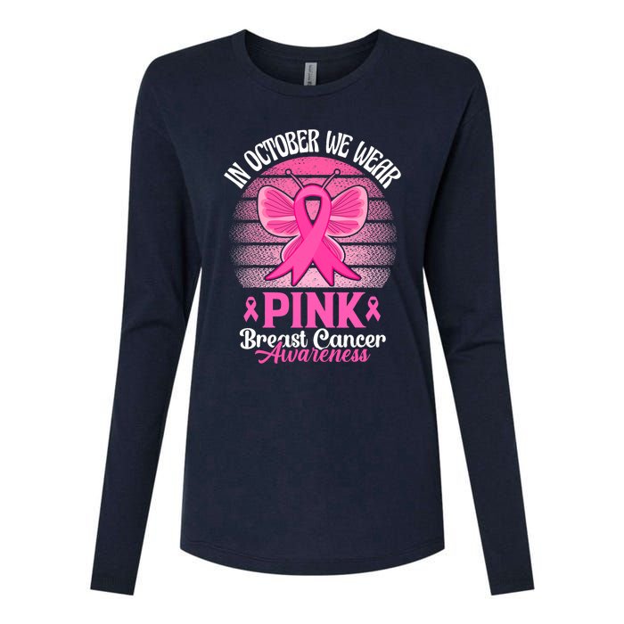 In October We Wear Pink Ribbon Breast Cancer Awareness Womens Cotton Relaxed Long Sleeve T-Shirt