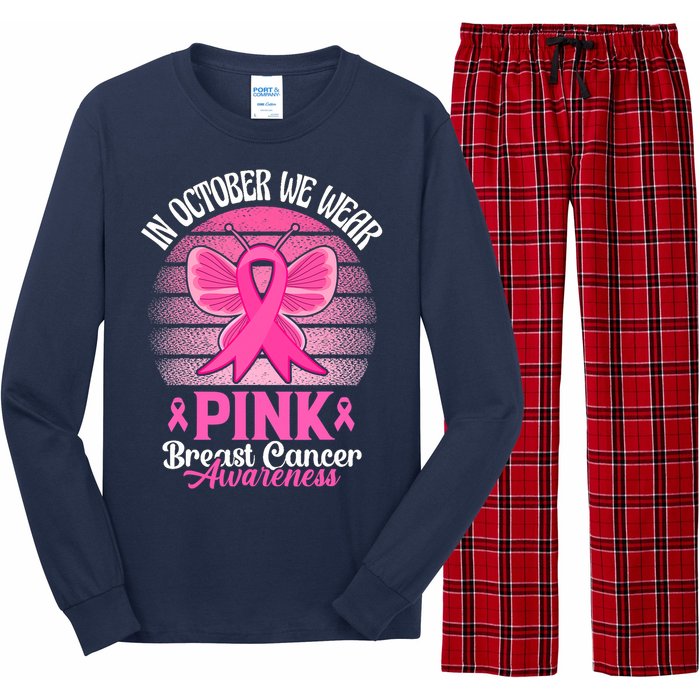 In October We Wear Pink Ribbon Breast Cancer Awareness Long Sleeve Pajama Set