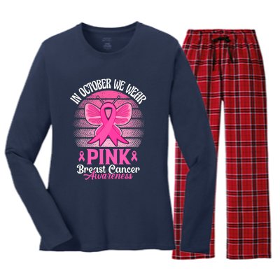 In October We Wear Pink Ribbon Breast Cancer Awareness Women's Long Sleeve Flannel Pajama Set 