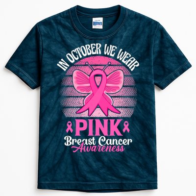 In October We Wear Pink Ribbon Breast Cancer Awareness Kids Tie-Dye T-Shirt