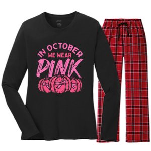 In October We Wear Pink Breast Cancer Pumpkin Halloween Women's Long Sleeve Flannel Pajama Set 