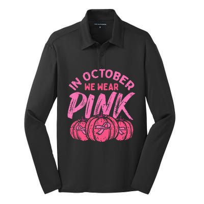 In October We Wear Pink Breast Cancer Pumpkin Halloween Silk Touch Performance Long Sleeve Polo