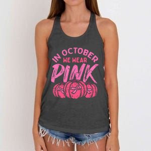 In October We Wear Pink Breast Cancer Pumpkin Halloween Women's Knotted Racerback Tank