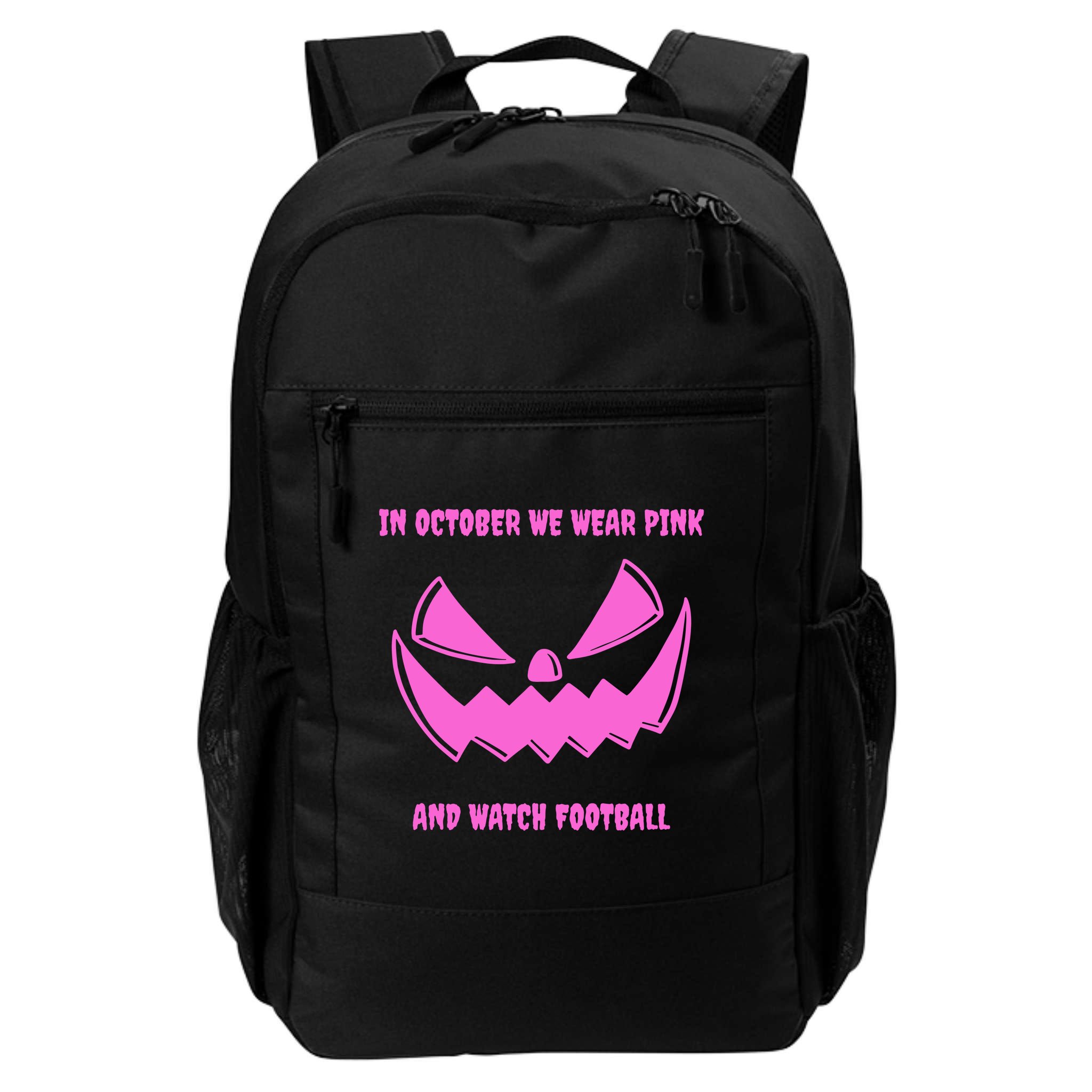 In October We Wear Pink And Watch Football Breast Cancer Backpack