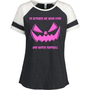 In October We Wear Pink And Watch Football Breast Cancer Enza Ladies Jersey Colorblock Tee