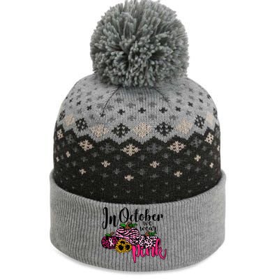 In October We Wear Pink Fall Autumn Support Breast Cancer The Baniff Cuffed Pom Beanie