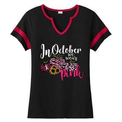 In October We Wear Pink Fall Autumn Support Breast Cancer Ladies Halftime Notch Neck Tee