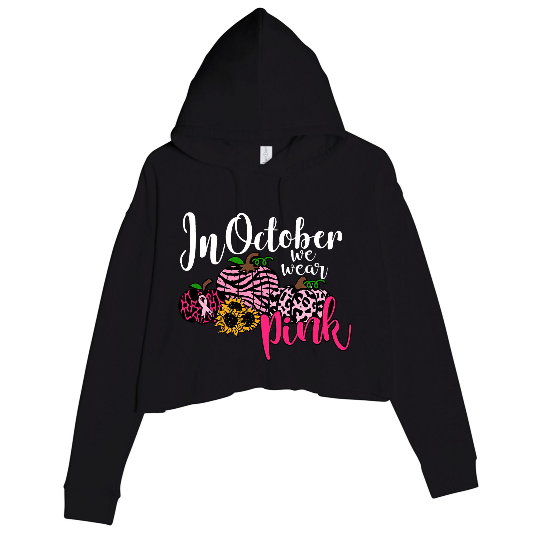 In October We Wear Pink Fall Autumn Support Breast Cancer Crop Fleece Hoodie