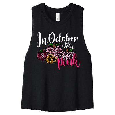 In October We Wear Pink Fall Autumn Support Breast Cancer Women's Racerback Cropped Tank