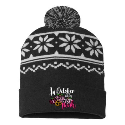 In October We Wear Pink Fall Autumn Support Breast Cancer USA-Made Snowflake Beanie