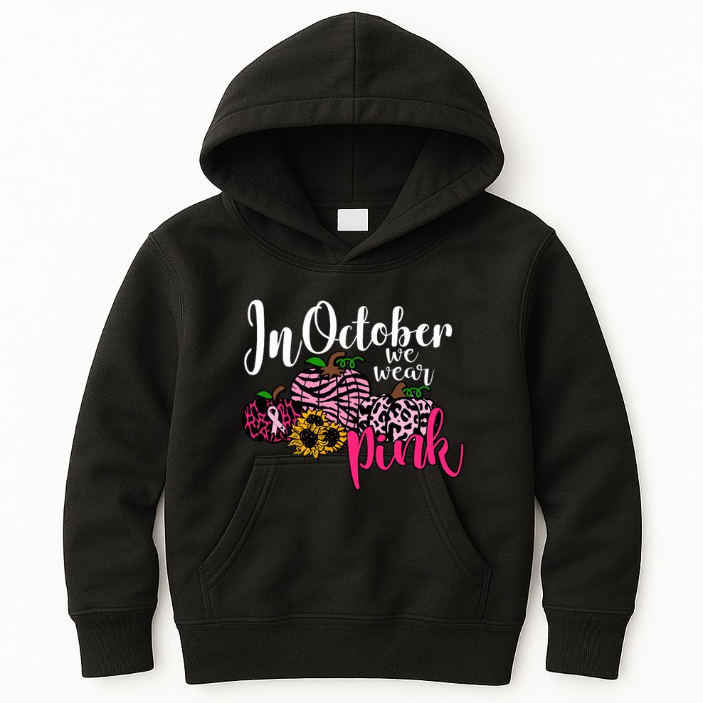 In October We Wear Pink Fall Autumn Support Breast Cancer Kids Hoodie