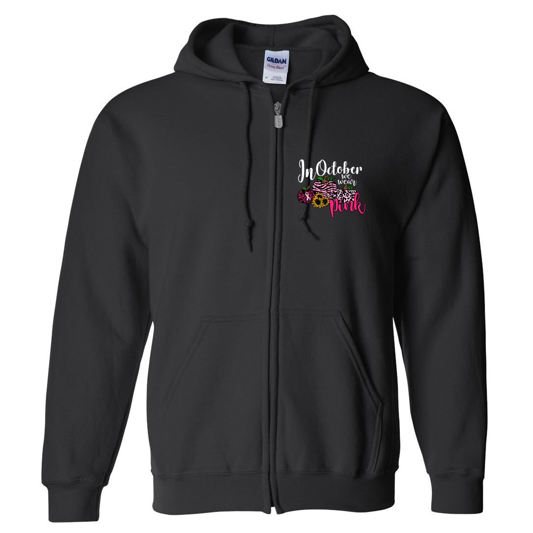 In October We Wear Pink Fall Autumn Support Breast Cancer Full Zip Hoodie