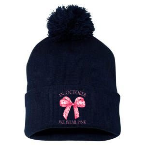 In October We Wear Pink Breast Cancer Awareness Bow Ribbon Pom Pom 12in Knit Beanie