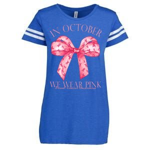 In October We Wear Pink Breast Cancer Awareness Bow Ribbon Enza Ladies Jersey Football T-Shirt