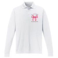 In October We Wear Pink Breast Cancer Awareness Bow Ribbon Performance Long Sleeve Polo